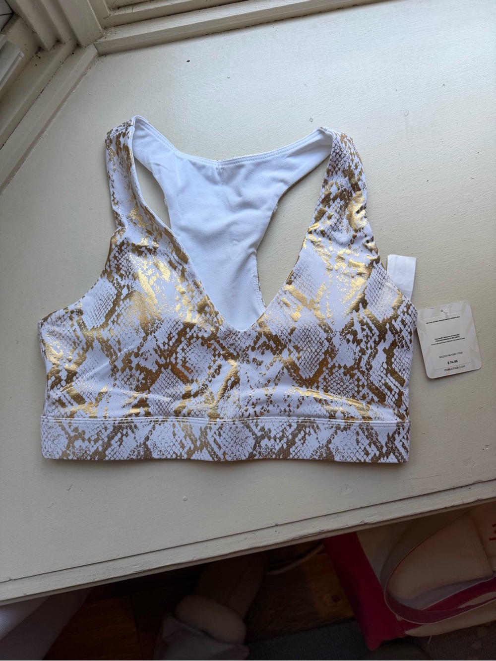 Fabletics White & Gold Snake-Print Racerback- sports bra & leggings